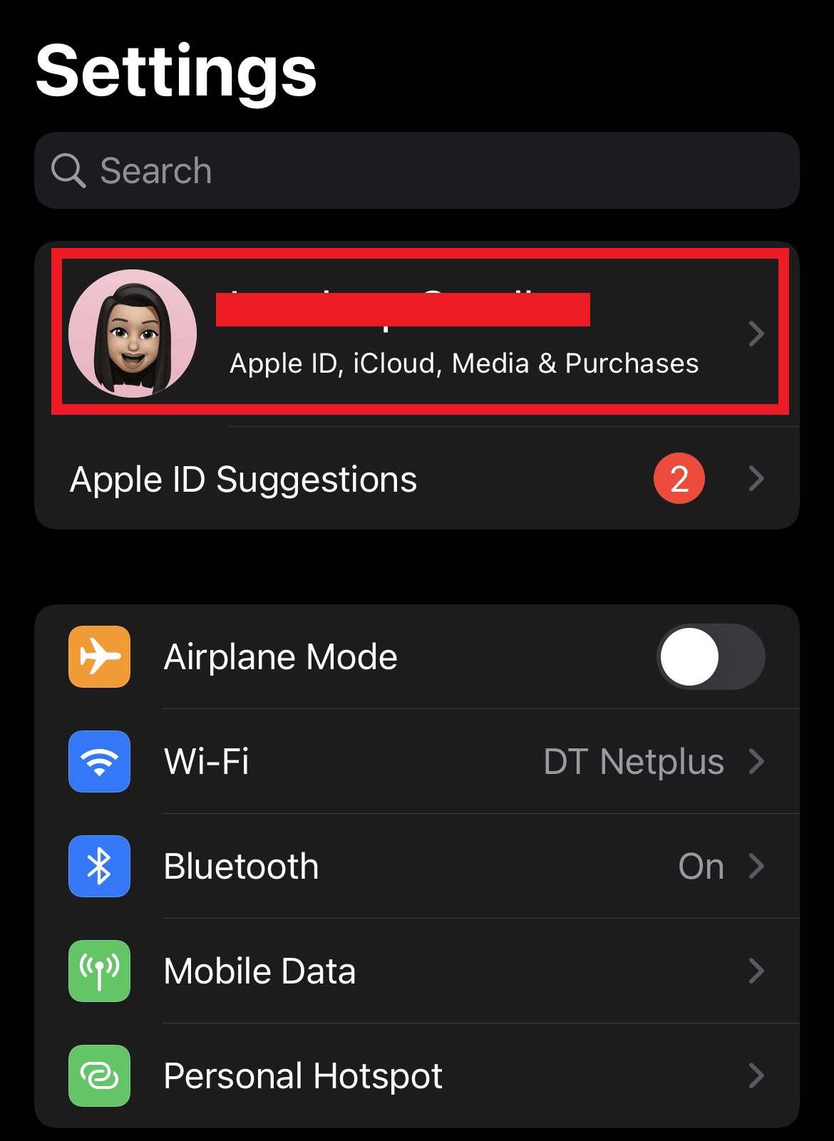 Ketuk akun Apple Anda dari atas