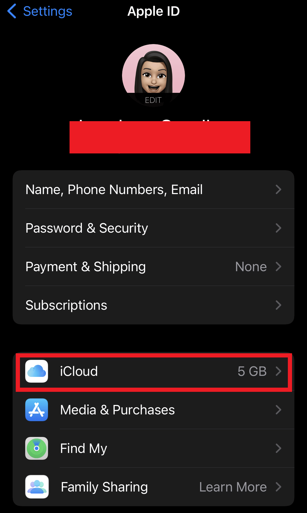 اضغط على خيار iCloud