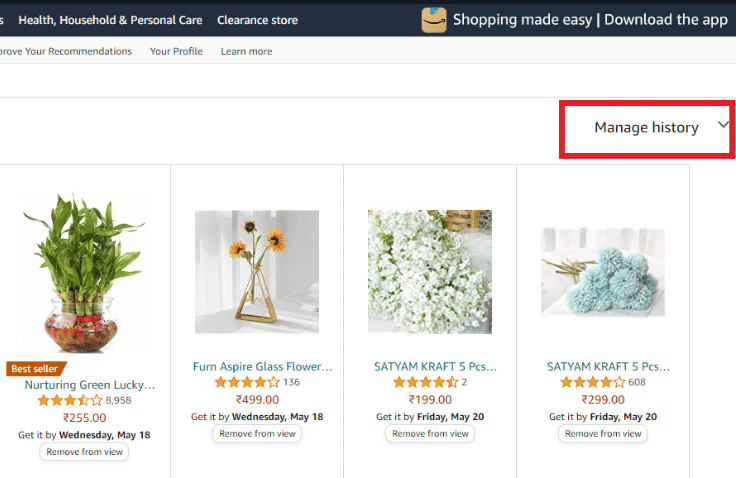 Kliknij Zarządzaj historią | Amazon historia zamówień mojego konta