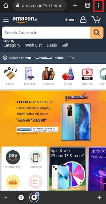 ketuk ikon tiga titik di browser Anda dari sudut kanan atas | sembunyikan riwayat pesanan Amazon