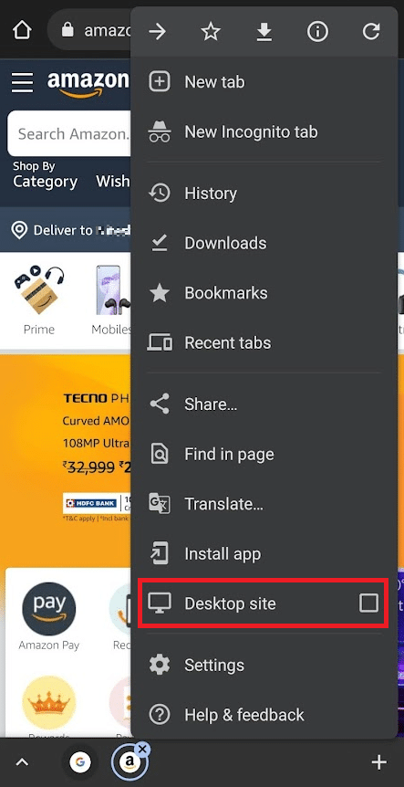 Seleziona l'opzione Sito desktop per vedere il sito Amazon in modalità desktop