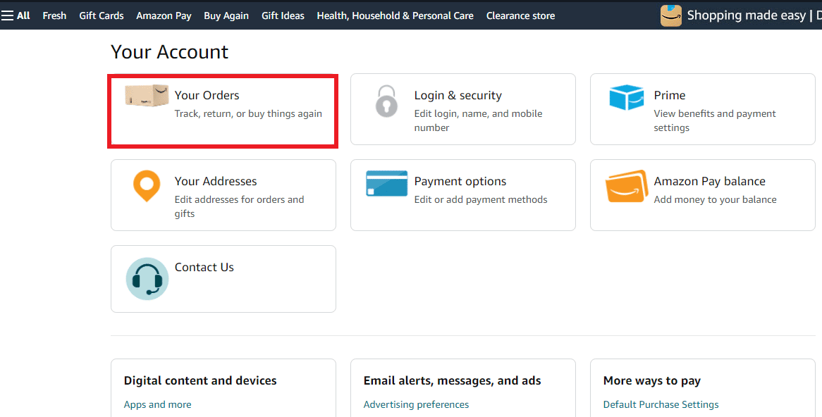 Siparişleriniz seçenek sekmesine tıklayın | Amazon hesabım sipariş geçmişim