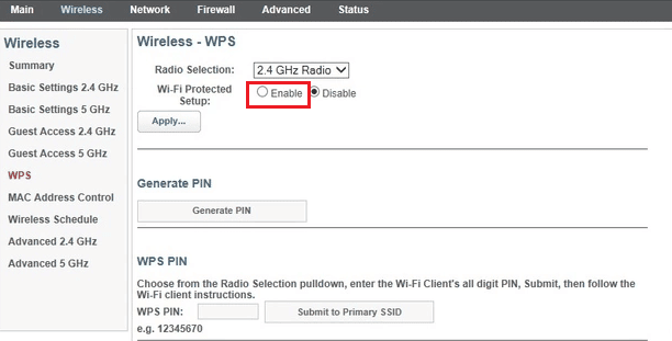 [有効にする]オプションをクリックします。[WPS]オプション|フロンティアワイヤレスルーターまたはモデムに接続する方法