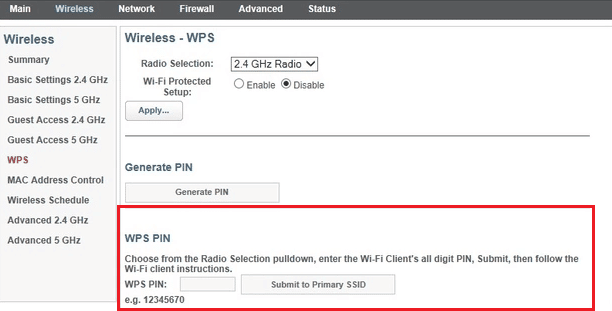 Sol bölmeden WPS seçeneğine tıklayın ve bölümlerden birinde WPS PIN'i alacaksınız