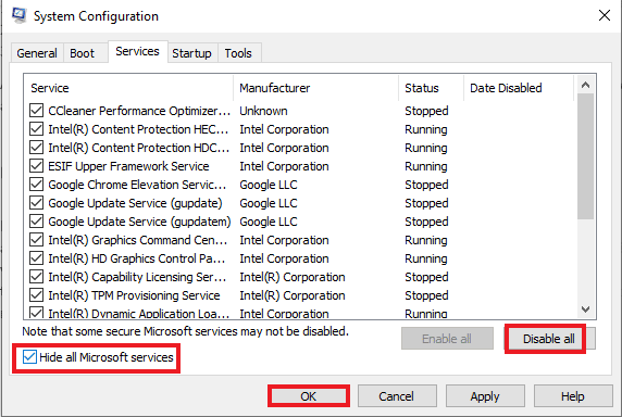 すべてのMicrosoftサービスを非表示にするチェックボックスをオンにして、[すべて無効にする]をクリックします。レインボーシックスシージのクラッシュを修正