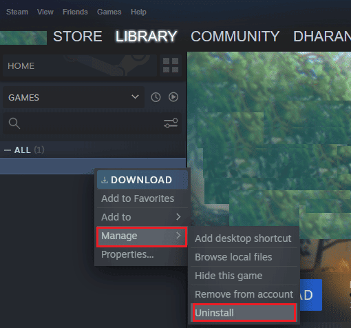 เลือกจัดการแล้วถอนการติดตั้งใน Steam