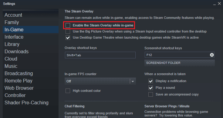 ยกเลิกการเลือกเปิดใช้งานโอเวอร์เลย์ Steam ในขณะที่อยู่ในกล่องเกม แก้ไข Rainbow Six Siege Crashing