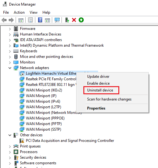 Haga clic en desinstalar dispositivo. Solucione el error de intento de conexión L2TP fallido