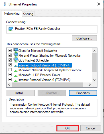 haga clic en Aceptar en las propiedades de ethernet