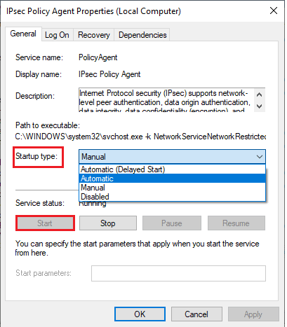 Repita as mesmas etapas para o serviço IPsec Policy Agent e salve as alterações. Corrigir o erro de falha na tentativa de conexão L2TP