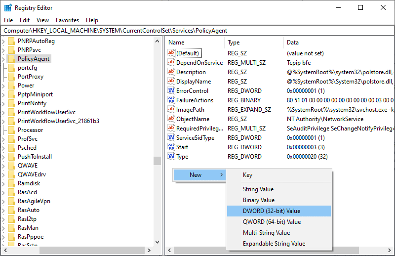 図のように、[新規]をクリックしてから[DWORD32ビット値]オプションをクリックします。 L2TP接続試行失敗エラーを修正します