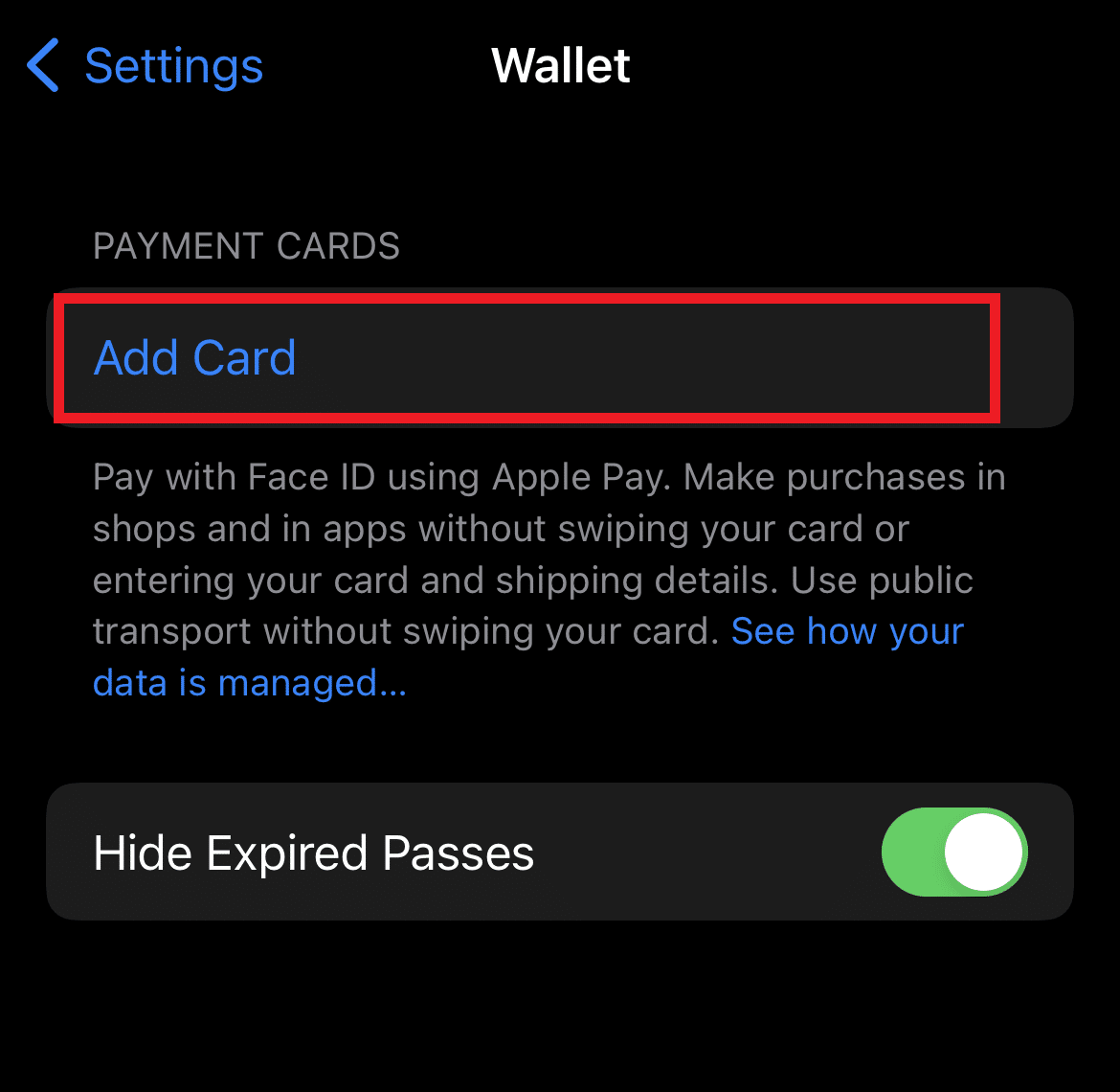 اضغط على إضافة بطاقة لإضافة بطاقة جديدة إلى Apple Pay