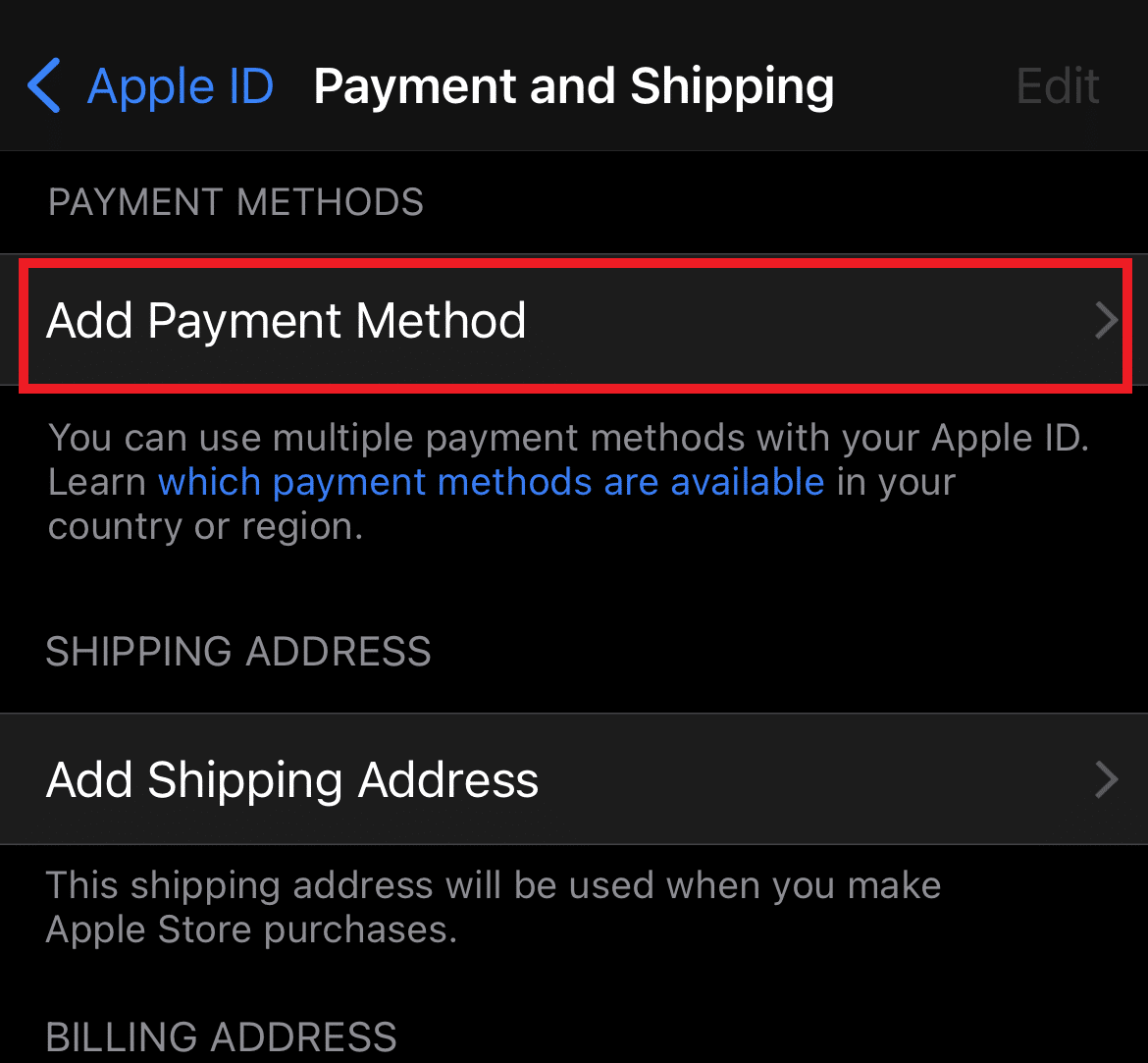 Ouvrez l'identifiant Apple dans les paramètres, accédez au paiement et à l'expédition pour ajouter un mode de paiement.