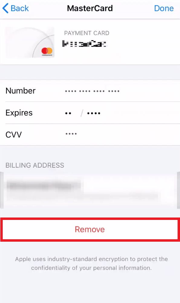 Toque na opção Remover na parte inferior para excluir o cartão de crédito