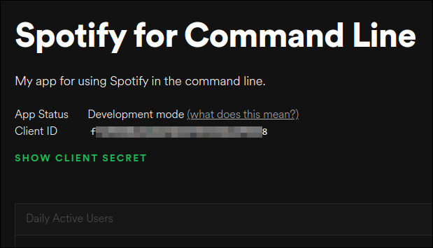 ID-ul clientului și butonul secret al clientului în prezentarea generală a aplicației Spotify.