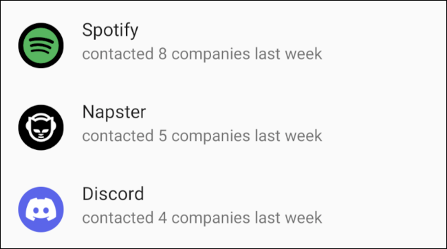 مقارنة بين نشاط المتعقب بواسطة تطبيقات Spotify و Napster و Discord على Android.