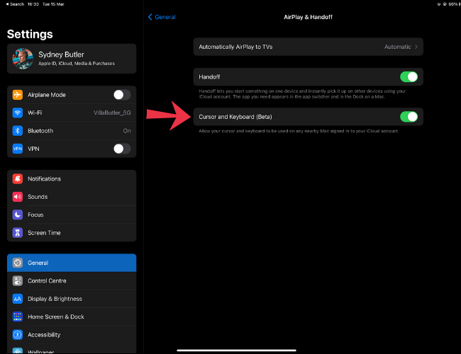 Aktivieren Sie in den AirPlay- und Handoff-Einstellungen Handoff sowie Cursor und Tastatur.