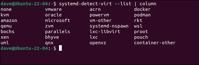 El conjunto completo de respuestas que systemd-detect-virt puede devolver