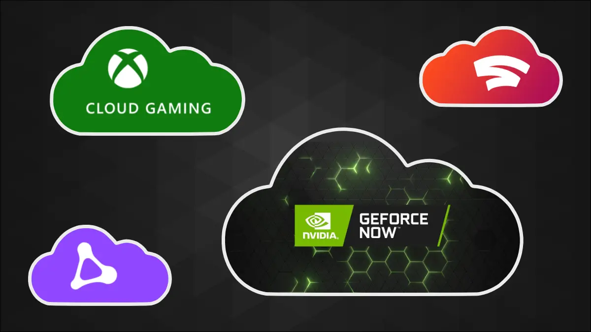 Logotipos de la plataforma de juegos en la nube incrustados en las nubes, incluidos NVIDIA GeForce Now, Xbox Cloud Gaming, Google Stadia y Amazon Luna