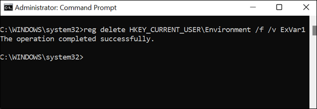 Reg delete 用于从用户环境变量中删除 ExVar1