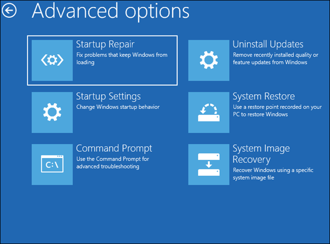 Windows 10 上可用的高级选项。