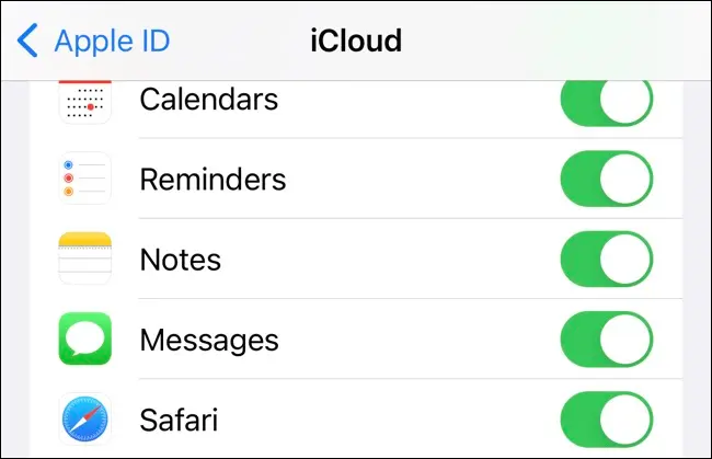 在 iOS 上的 iCloud 偏好设置中启用备注