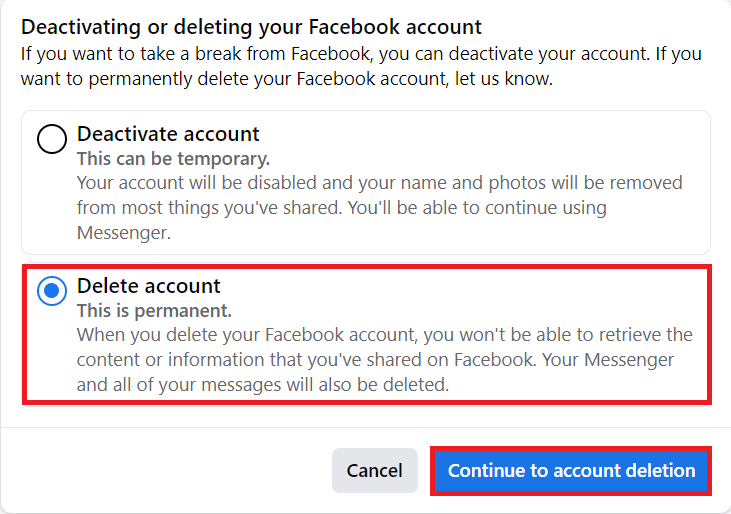 계정 삭제 옵션을 선택하고 계정 삭제 계속을 클릭하십시오 | 비밀번호 없이 Facebook 계정을 삭제하는 방법