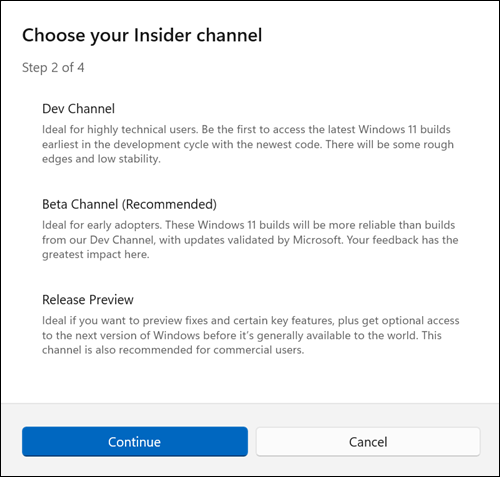 选择您要使用的 Insider Channel。