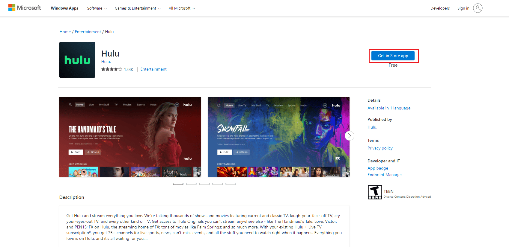 ดาวน์โหลดแอป hulu หน้าร้านค้า microsoft
