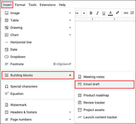 อีเมลฉบับร่างภายใต้ Building Blocks ในเมนูเครื่องมือ