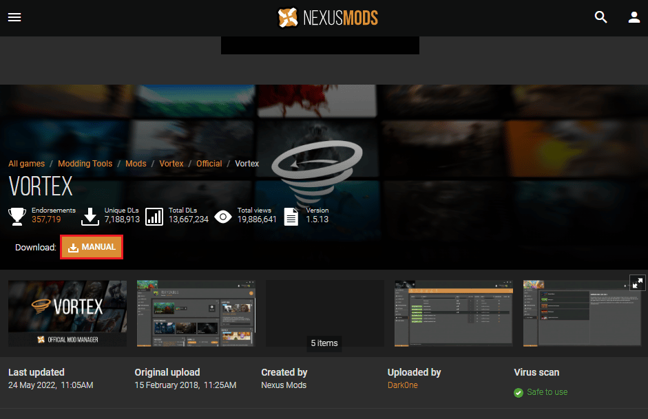 單擊“下載”部分旁邊的“手動”按鈕以安裝 Vortex Mod Manager