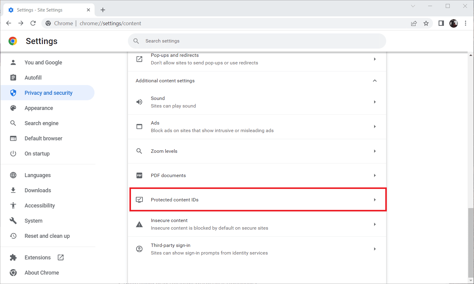 보호된 콘텐츠 ID 기능 선택