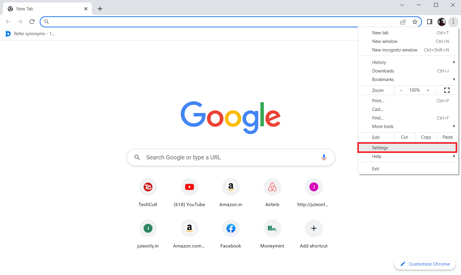 Selecione Configurações no menu de contexto