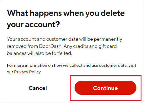 คลิกที่ตัวเลือกดำเนินการต่อ | วิธีลบบัตร DoorDash เป็นวิธีการชำระเงิน