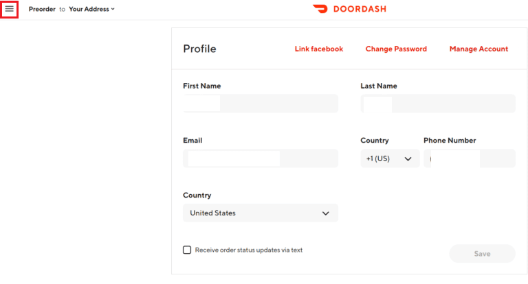 คลิกที่ไอคอนแฮมเบอร์เกอร์จากมุมบนซ้าย | วิธีลบบัตร DoorDash เป็นวิธีการชำระเงิน