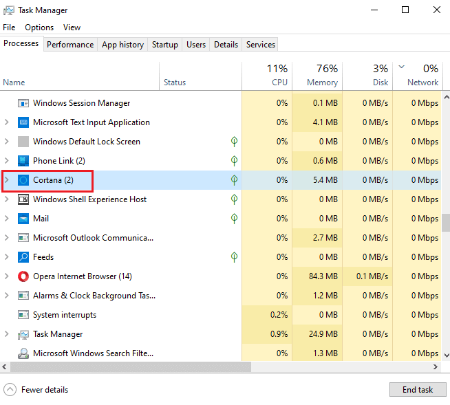 右鍵單擊 Cortana 進程