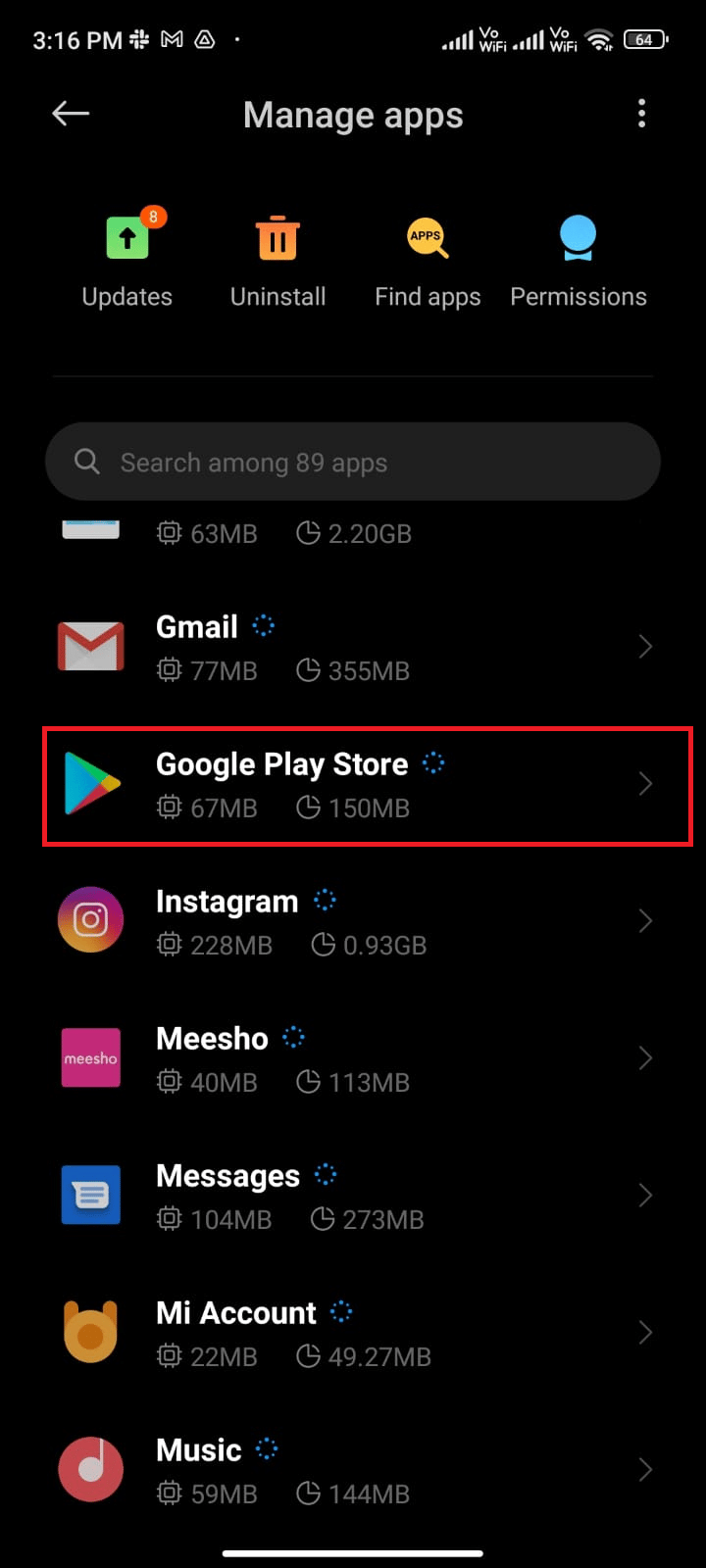 点击管理应用程序和 Google Play 商店