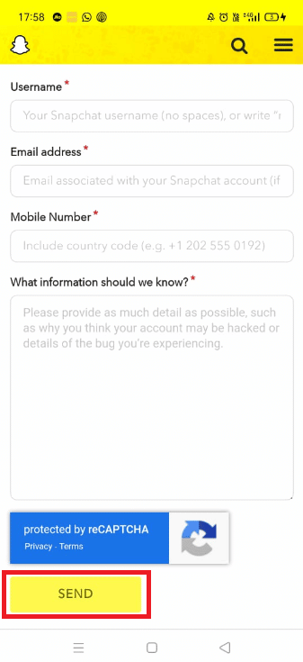 Füllen Sie die erforderlichen Felder aus und tippen Sie auf Senden | Wie bekomme ich mein altes Snapchat-Konto zurück?