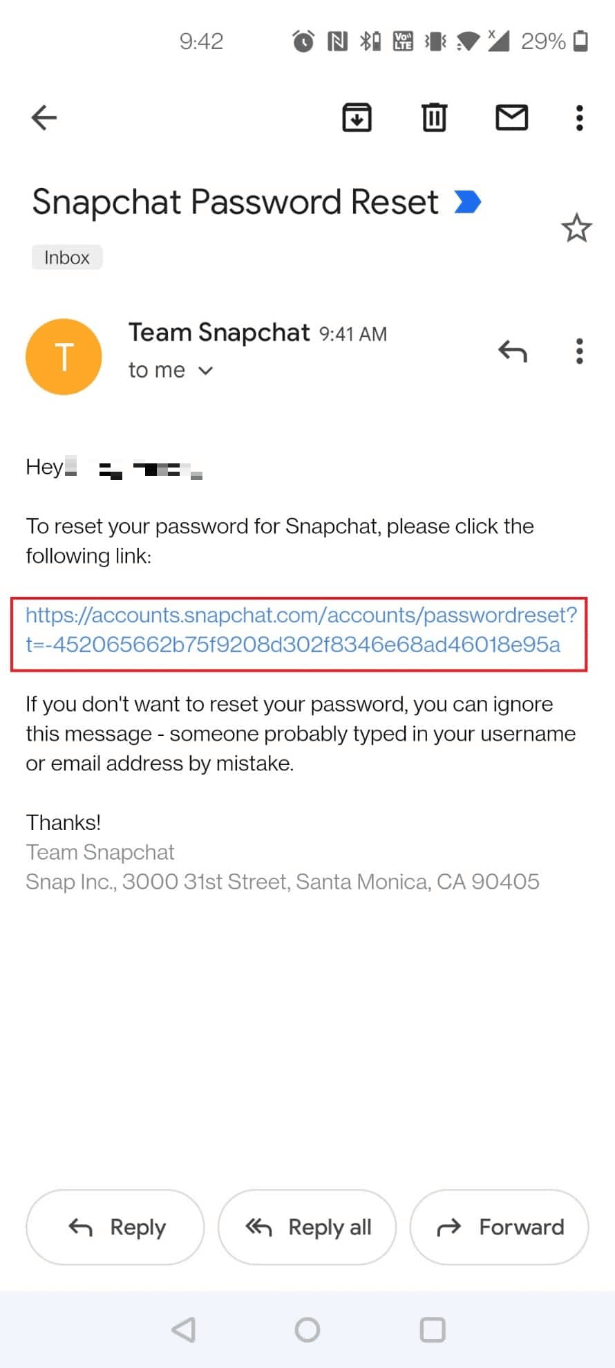 Tippen Sie in Ihrem Posteingang auf die erhaltene Nachricht zum Zurücksetzen des Snapchat-Passworts – Link zurücksetzen