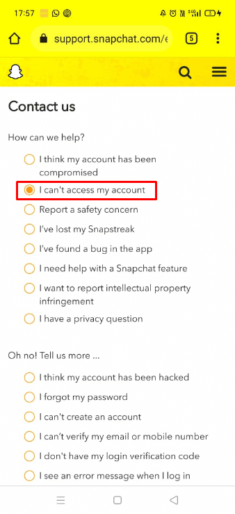 Tippen Sie auf Ich kann nicht auf mein Konto zugreifen | Wie bekomme ich mein altes Snapchat-Konto zurück?