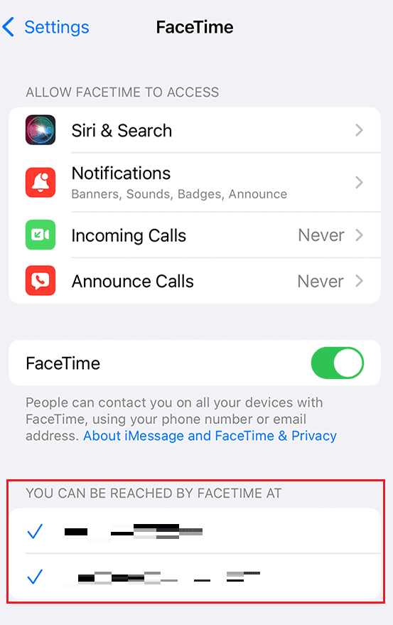 在您可以通过 FACETIME 在部分下选择备用电话号码或电子邮件 ID