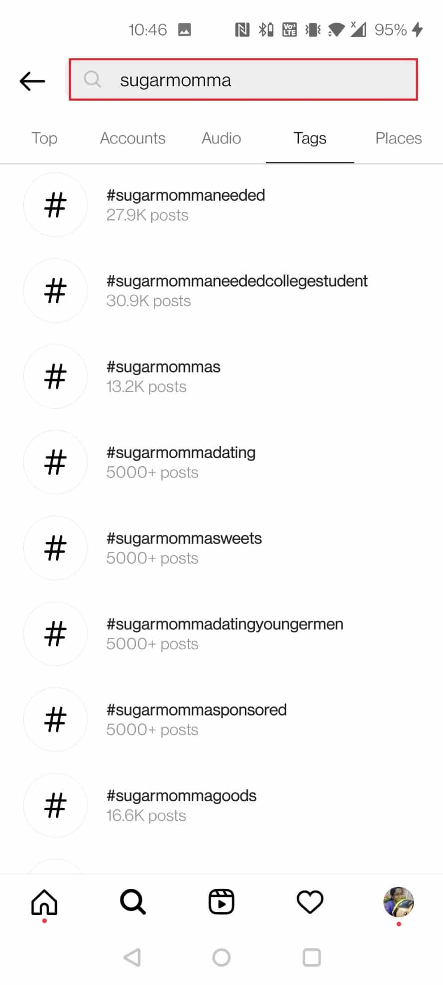 recherchez les hashtags associés aux sugar mommas