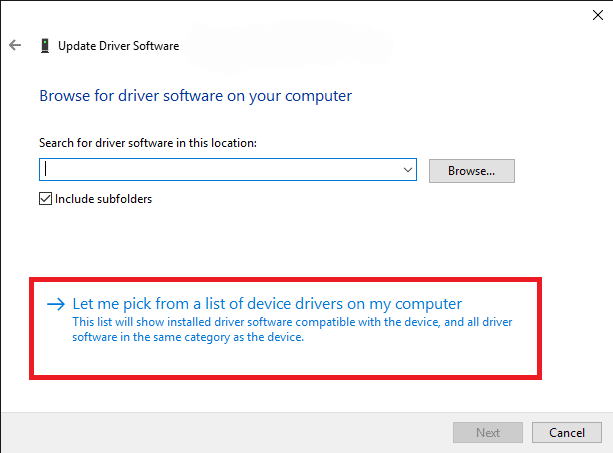 ให้ฉันเลือกจากรายการไดรเวอร์อุปกรณ์ในคอมพิวเตอร์ของฉัน