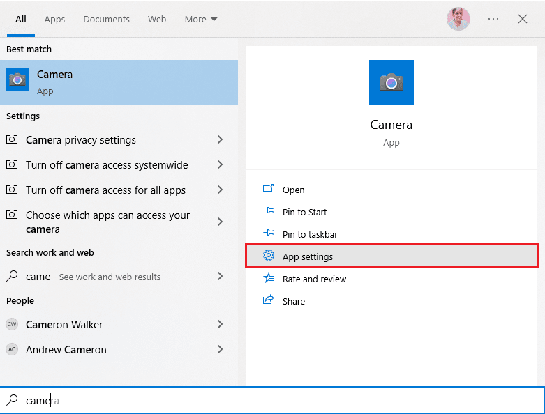 พิมพ์ Camera ในเมนูค้นหา แล้วคลิก App settings