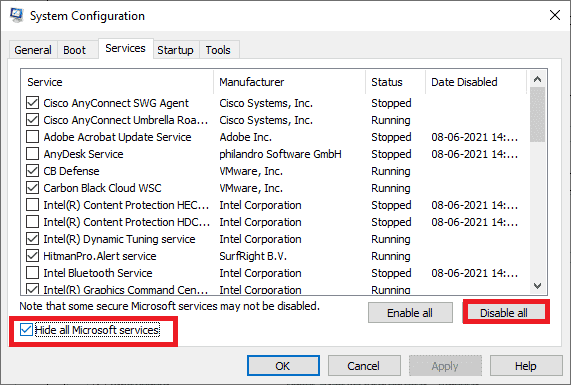 haga clic en el botón Deshabilitar todo. Arreglar el sistema de configuración no se pudo inicializar en Windows 10