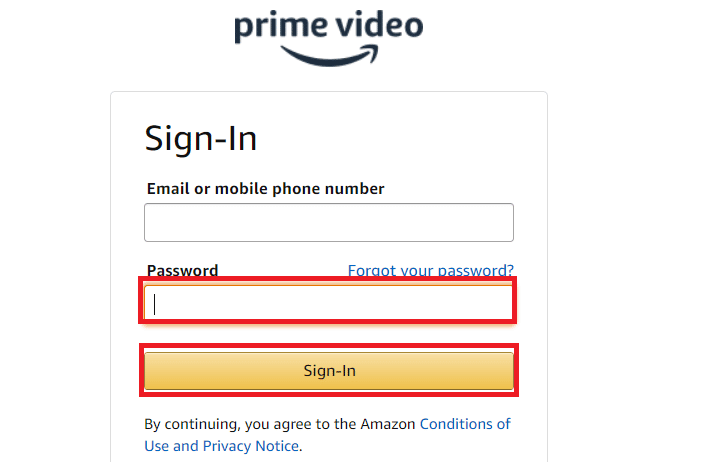 Prime Videoアカウントのパスワードを入力し、[サインイン]をクリックしてPrimeVideoアカウントにログインします| Starz無料トライアルAmazonPrime