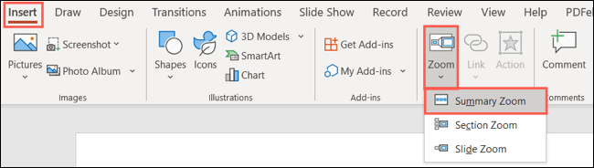 Resumen Zoom en la pestaña Insertar
