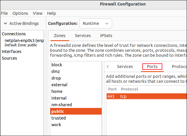 使用 firewall-config GUI 添加端口和协议配对