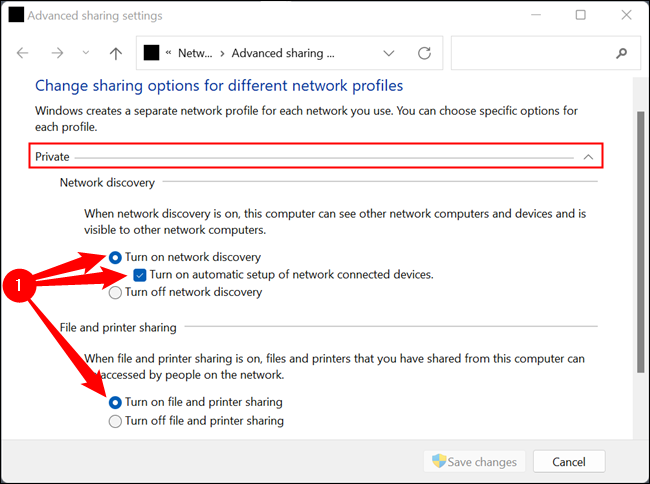 Expande la sección llamada "Privado". Luego marque "Activar detección de redes", "Activar configuración automática de dispositivos de red" y "Activar uso compartido de archivos e impresoras".