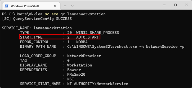 Una ventana de PowerShell que confirma que los servicios SMB deberían iniciarse automáticamente.